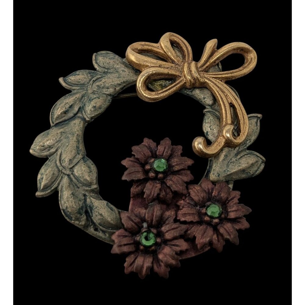 Vintage Karissa Cottagecore Wreath Brooch With Gold Tone Bow And Green Rhineston